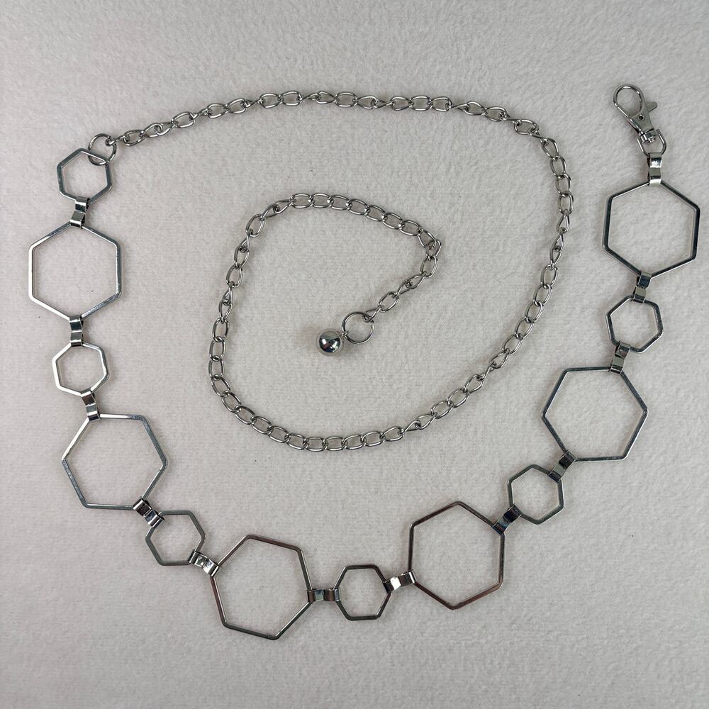 Silver Tone LIghtweight Chunky Geometric Hexagon Metal Chain Link Belt